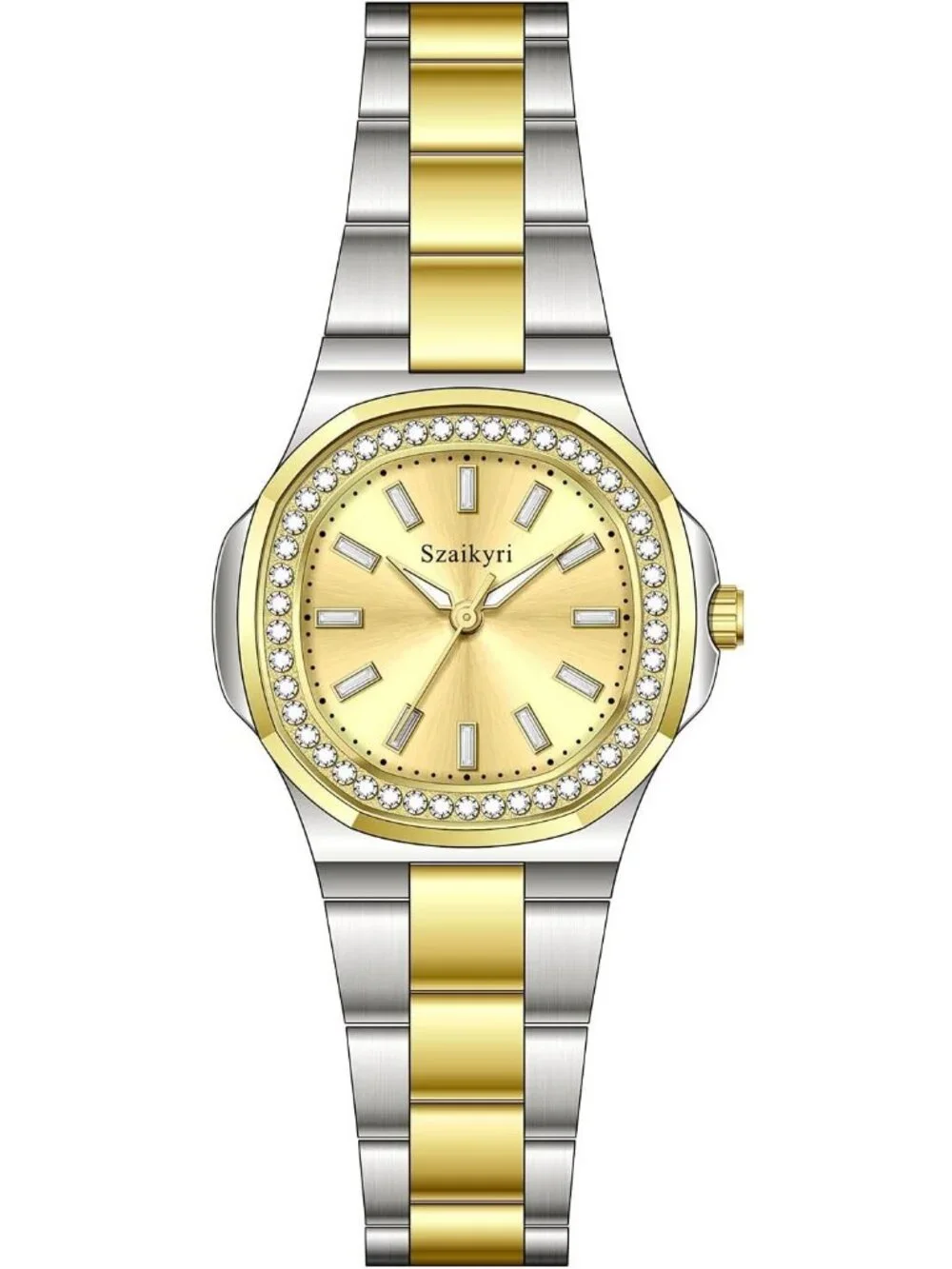 Women's Silver Gold Crystal Accented Solid Stainless Steel Band Wrist Watch